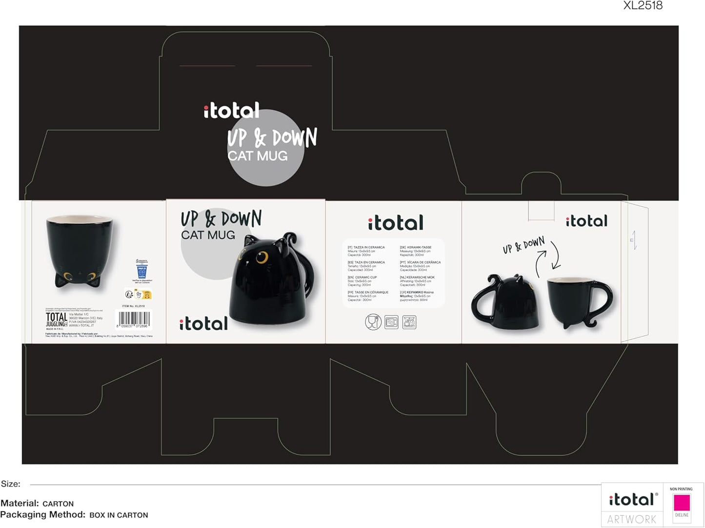 I-TOTAL® - Tazza in Ceramica Up & Down, tazza reversibile (BLACK CAT) 300 ml